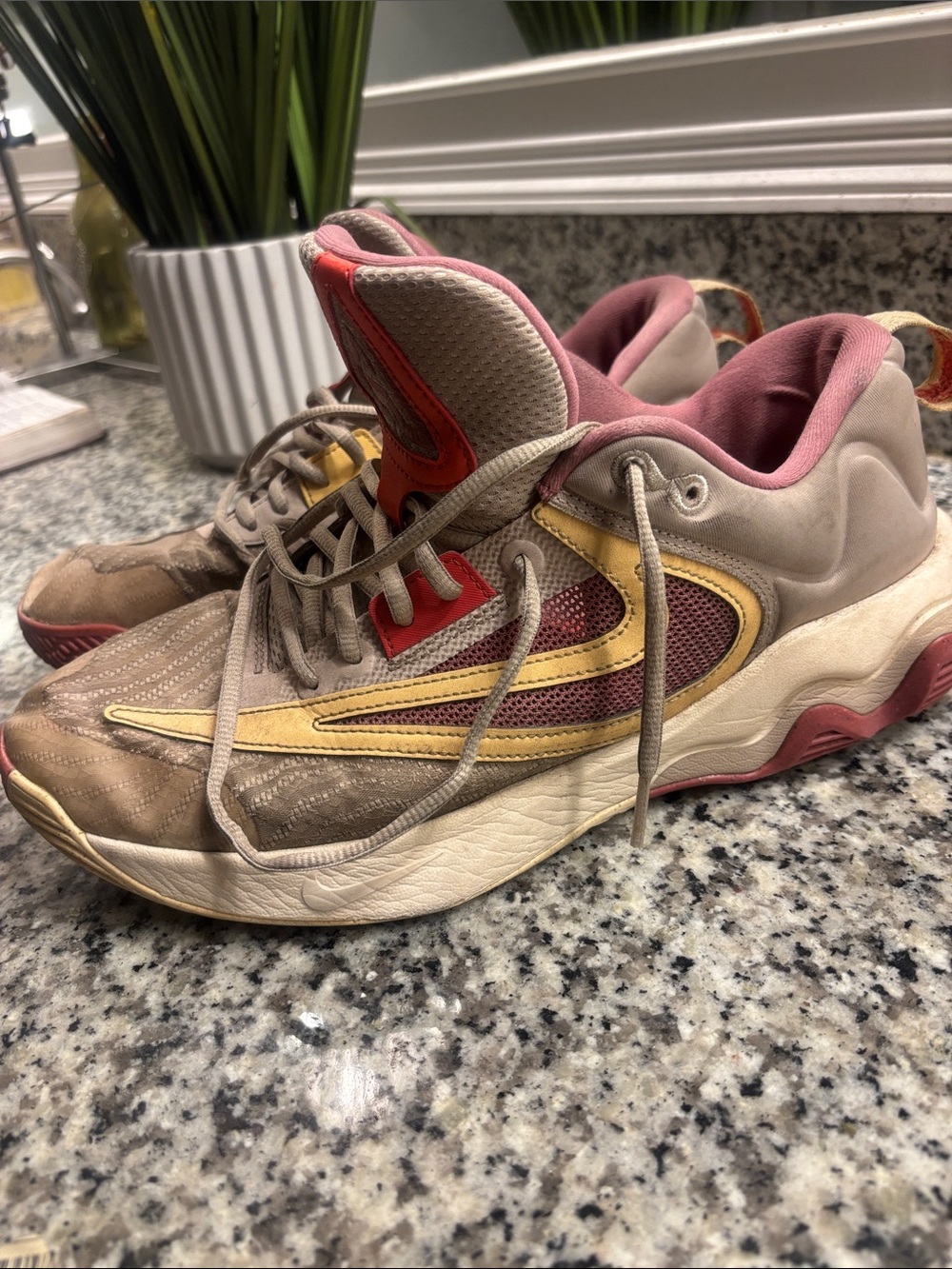 Nike Giannis Immortality 3 Neutral-Tone Athletic Sneakers with Pink Accents